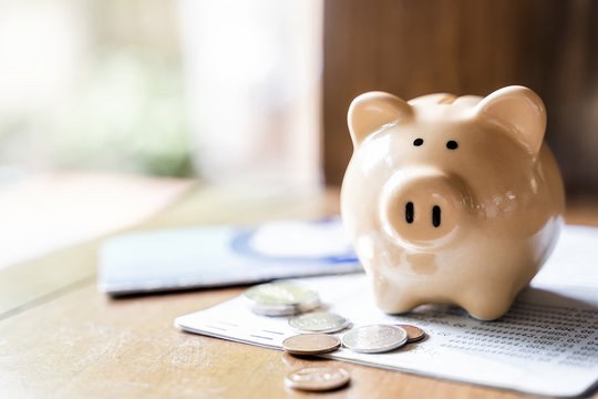 Piggy bank and coins on a bank statement